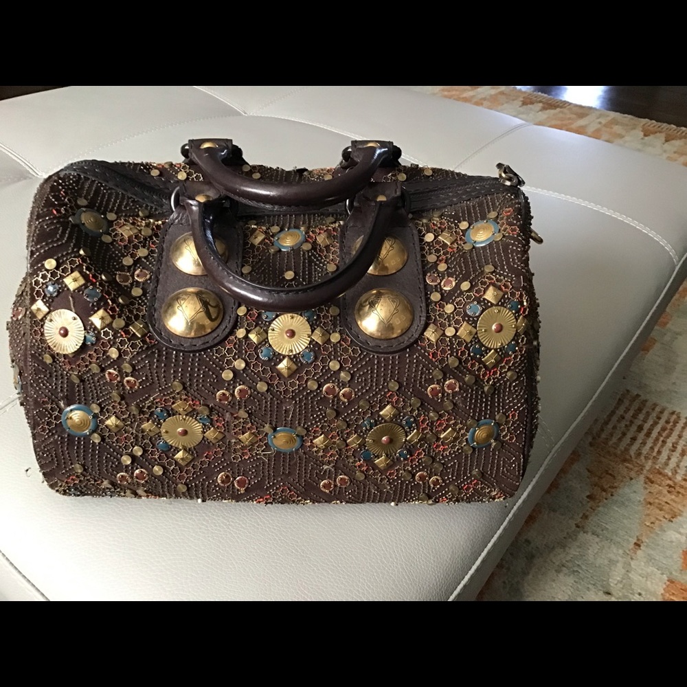 VERY RARE GUCCI BROWN SUEDE TWO HANDLE PURSE with HAND BEADING